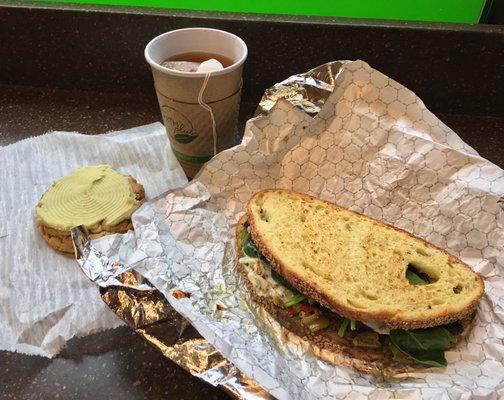 Vegetarian Muffuletta Melt, Matcha White Chocolate Cookie, Blood Orange Tea