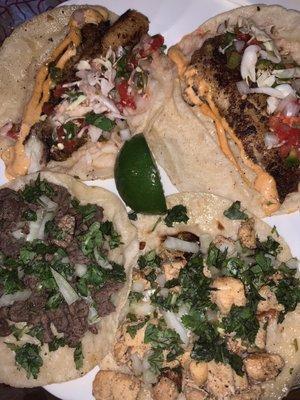 Fish, chicken, steak tacos