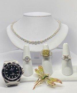 Diamond necklace, 10ct yellow diamond ring, ROLEX, antique dragonfly pin.