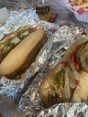 Das brat, fries and a Seattle dog! Delicious.