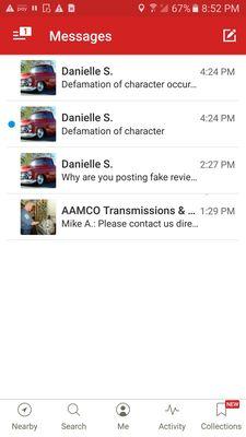 Wierd messages from another profile after posting AAMCO review