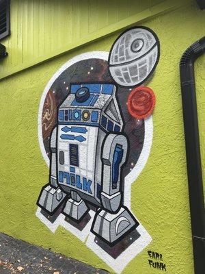 Dope R2D2 mural on the side of the building, by local artist Earl Funk