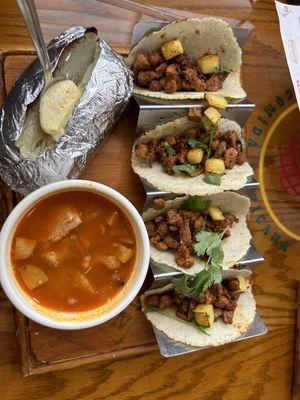 Tacos Al Pastor with a baked potato and charro beans