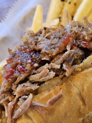 Close-up of the Bull-Porker pulled pork with special sause.