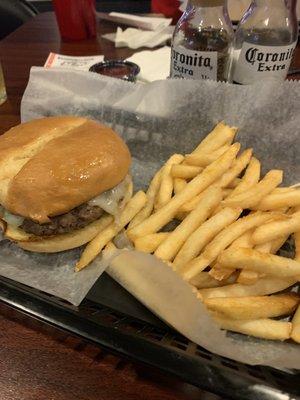 Mushroom and Swiss burger fries nice and hot