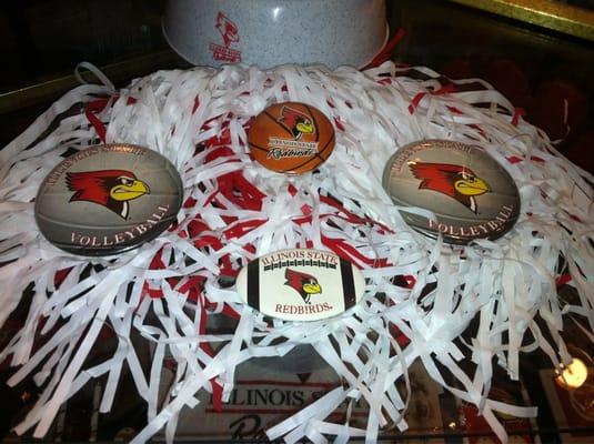 One of the ISU memorabilia shelves in the lobby display case.