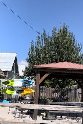 Outdoor seating area under canopy