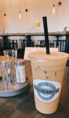 Iced caramel latte with oatmilk.