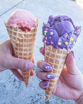 Guava in a waffle cone, and ube in a dipped waffle cone