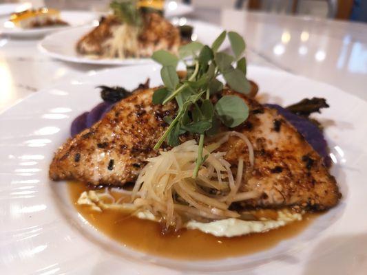 Pan seared ono 
Ponzu | Wasabi Crema | Okinawan Potato Puree | Green Papaya Salad