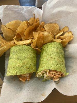 Buffalo Chicken with Kettle Chips in a spinach wrap