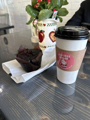 Large Hot Americano and chocolate espresso muffin