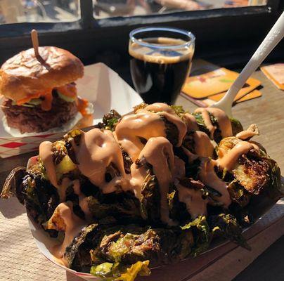 Buffalo slider and crispy Brussels