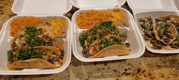 (Left & middle) Two Carne Asada Taco Special Plate. (Right) Five Mini Carne Asada Tacos Special Plate