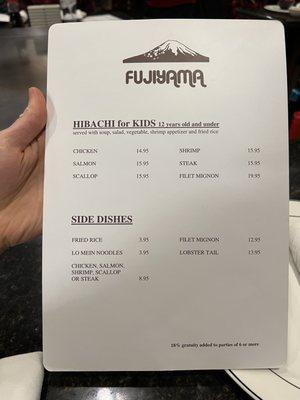 Hibachi menu