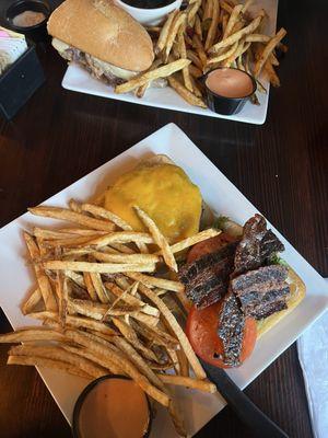 Lunch menu cheeseburger with candied bacon and French dip! Yum yum yum!