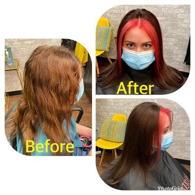 Darker color with chunky red highlights in the front , and long layered haircut. Before&after Color, cut and style.  By Neda