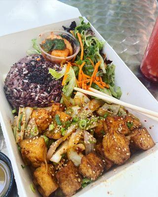 Spicy stir fried tofu, purple, brown, white rice, radish kimchi