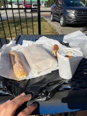 Croquette Sandwich, cheese palito, Cafe con leche, Tequenos