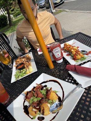 Goat cheese balls, calamari, fried shrimp. Beer & strawberry jalapeño Margarita