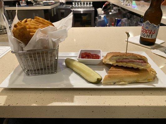 Cuban Press sandwich with waffle fries