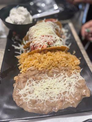 3 Steak Tacos with rice and beans