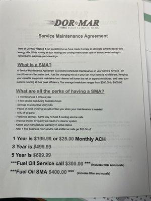 The breakdown of our yearly Service Maintenance Package