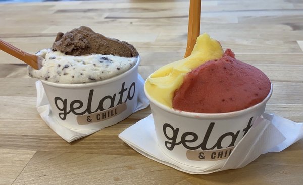 Nutella and Coconut Chip gelato (left) & Mango and Strawberry sorbet (right)