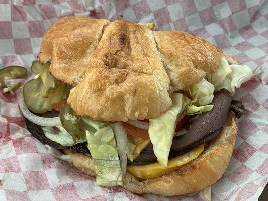 Roast Beef, Egg and Cheese Croissant with all the veggies and jalapeños! Very good!