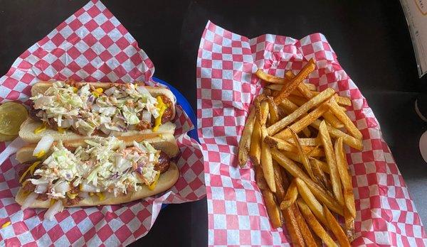 All beef hot dogs with mustard, chili, onion, and slaw. Side of fresh hot fries.