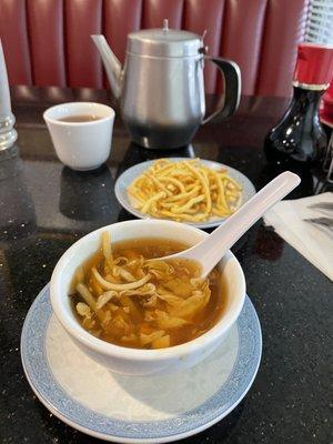 Hot and sour soup, crunchy noodles and hot tea! Soup was great, tasted more homemade