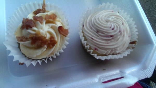 Maple cupcake with candied bacon bits (L) and lemon cupcake with raspberry icing (R)