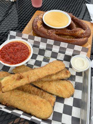 Fried zucchini and giant pretzel with beer cheese