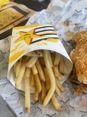 Fries that were already cooked that were under warmer, reput back in oil and served by the manager.