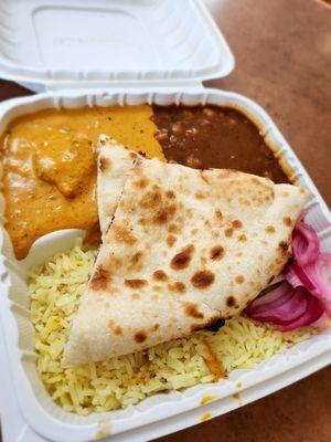 Tikka chicken, Chana masala, rice, pickled onion, Naan.