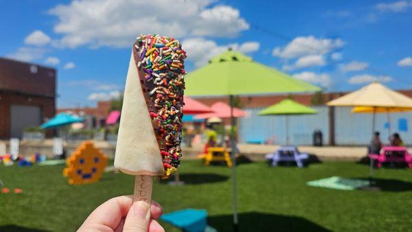 Vanilla and chocolate gelato pop with sprinkles!