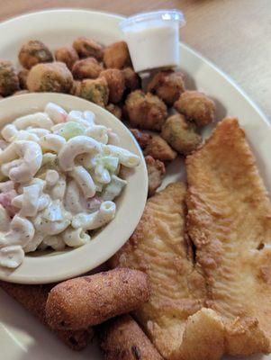 Small flounder (1 piece flounder: 2 sides: macaroni salad & fried okra). For only $6.99! Definitely a deal!