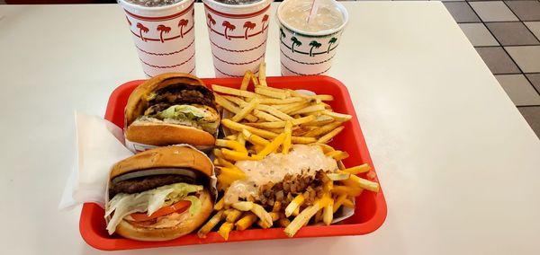 Hamburger with Everything, 3x3 Animal Style, Fries Regular and Fries Well Animal Style