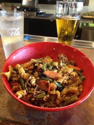 Build your own bowl with Ichiban Beer in the back.