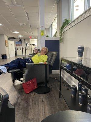 Relaxing at the Hydration Station while we receive our iv selections - anti aging and immunity