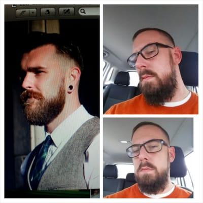 Don't really think that my beard trim looks the picture I requested. Trimmed way too far down my jawline and was not well shaped