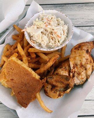 BBQ rotisserie chicken, coleslaw, corn bread, fries