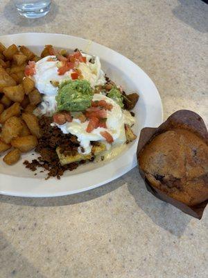 Kalamity Katie's Border Benedict with a blueberry muffin