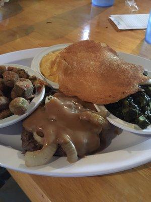 Hamburger steak, okra, greens, Mac and cheese and a hoe cake! $7.07 with tax!