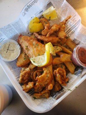 Seafood Fryer basket... cod, clams, calamari, shrimp and steak fries.