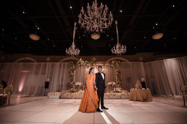 Chiffon Drapery Wall, Crystal Chandeliers