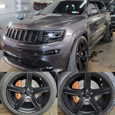 SRT8 Grandcherokee in for Single stage Paint correction and ceramic coating applied to paint and wheels!