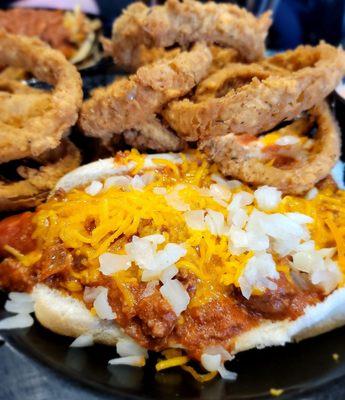 Hebrew National Chili dog  Onion rings