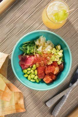 Big Eye Tuna Poke Bowl (wakame salad, sushi rice, avocado, edamame, pickled vegetables, chili threads)