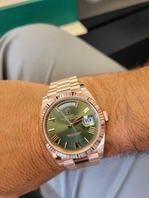 My beautiful rose gold Rolex Day Date with the olive green dial purchased from Clarkson.